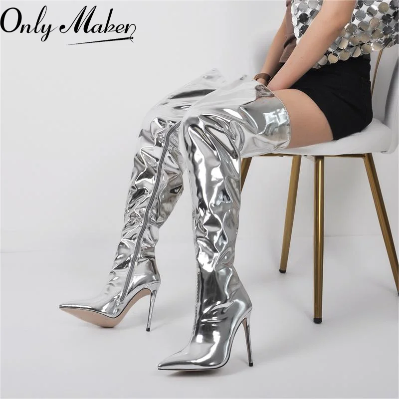 

Onlymaker Women Pointed Toe Silver Stiletto Over The Knee Boots Zipper Handmade Big Size Female Thigh High Boots