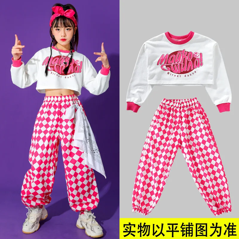 Child Sweatshirt Plaid Skirt Hip Hop Girls Crop Top Cargo Pants Kid Streetwear Jazz Cheerleader Street Dance Costume Clothes Set