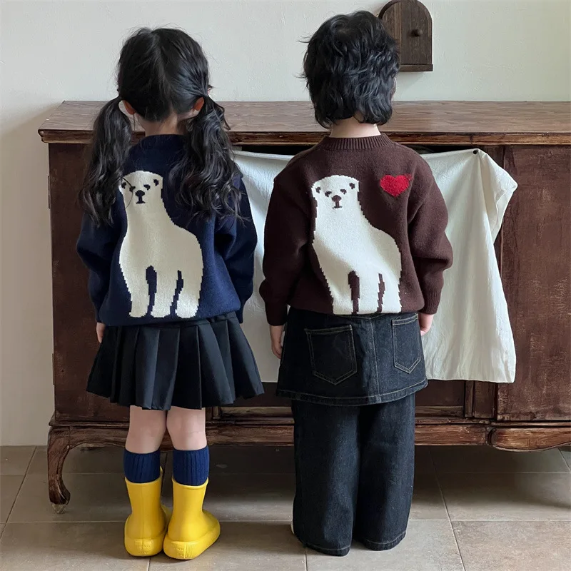 New Autumn Kids Cartoon Sweater Korean Style Bear Pattern Pullover Angora Jacquard Knitwear for Boys Girls
