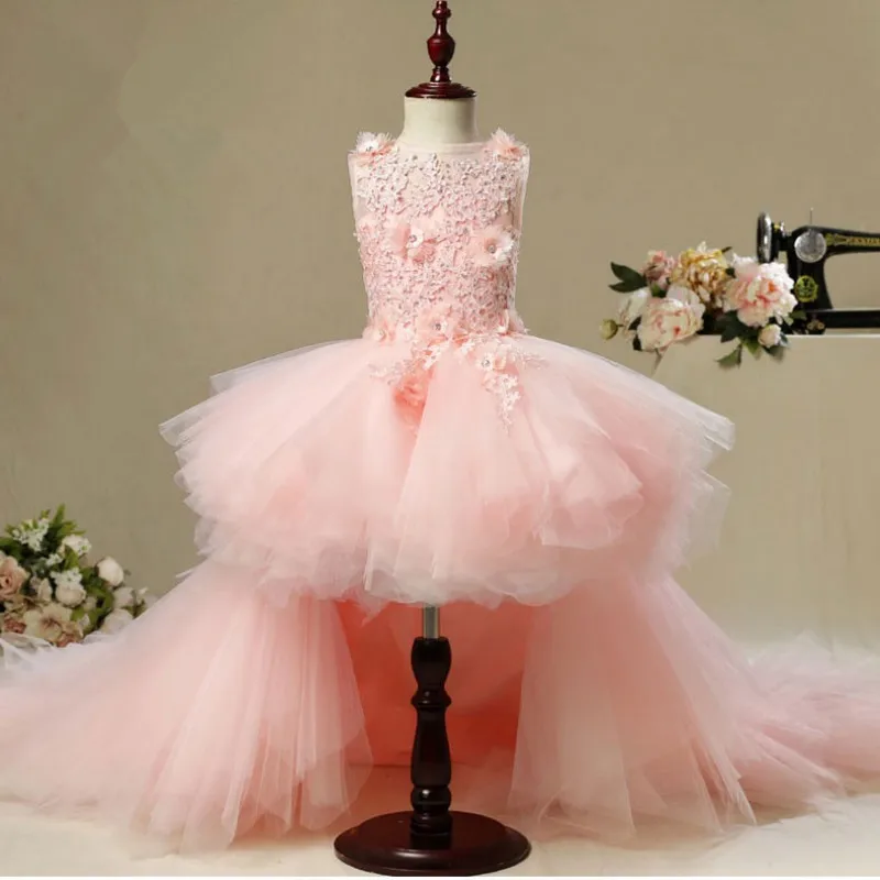 Elegant Long Trailing Appliques First Communion Dress Pink Tulle Ball Gown Girls Pageant Gown Flower Girl Dress for Weddings