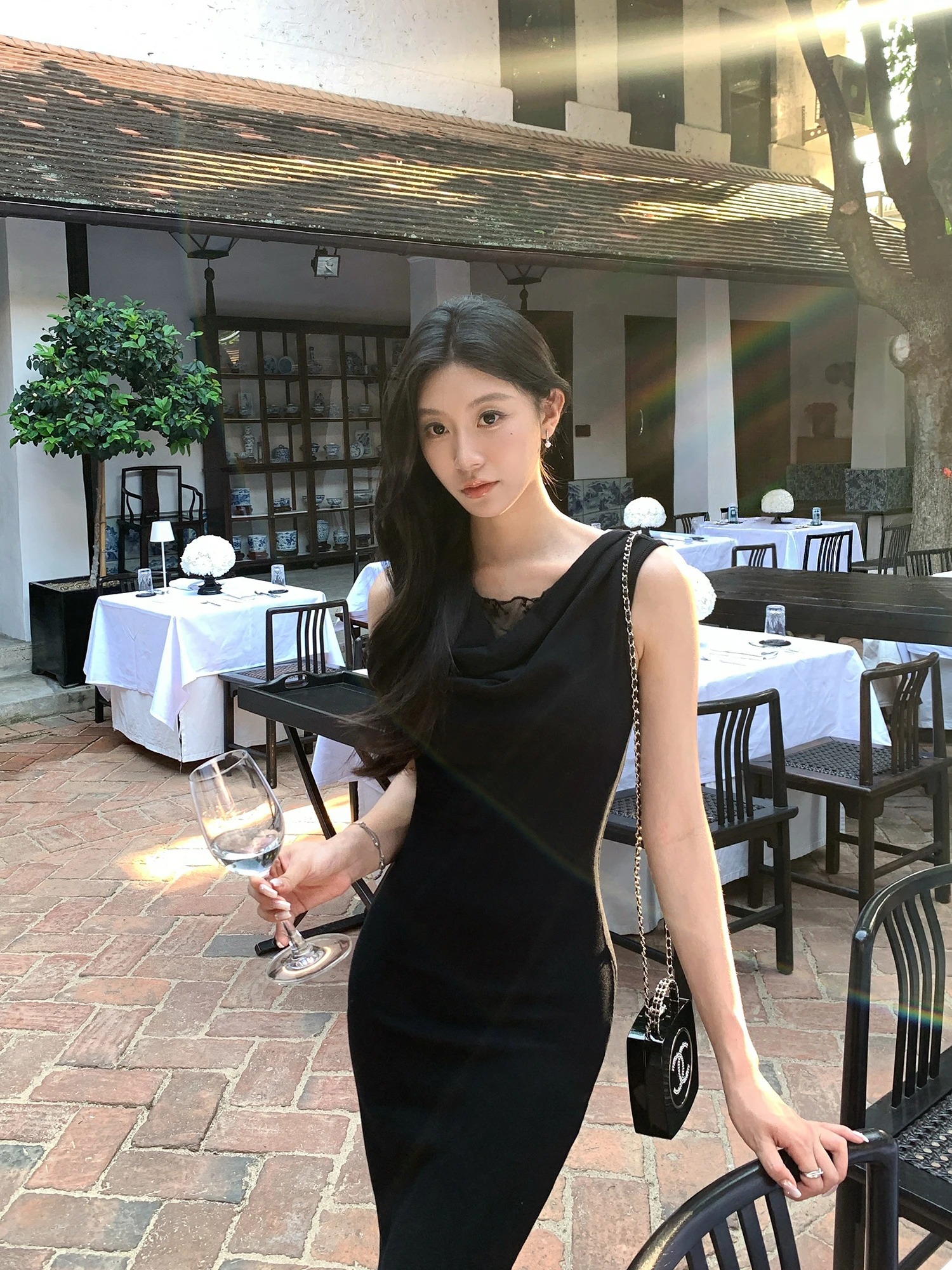

Elegant Pusumede Dress with Slanting Shoulder And Open Neck Design Sleeveless Waist-Cinched Women's Fashion Summer Dress