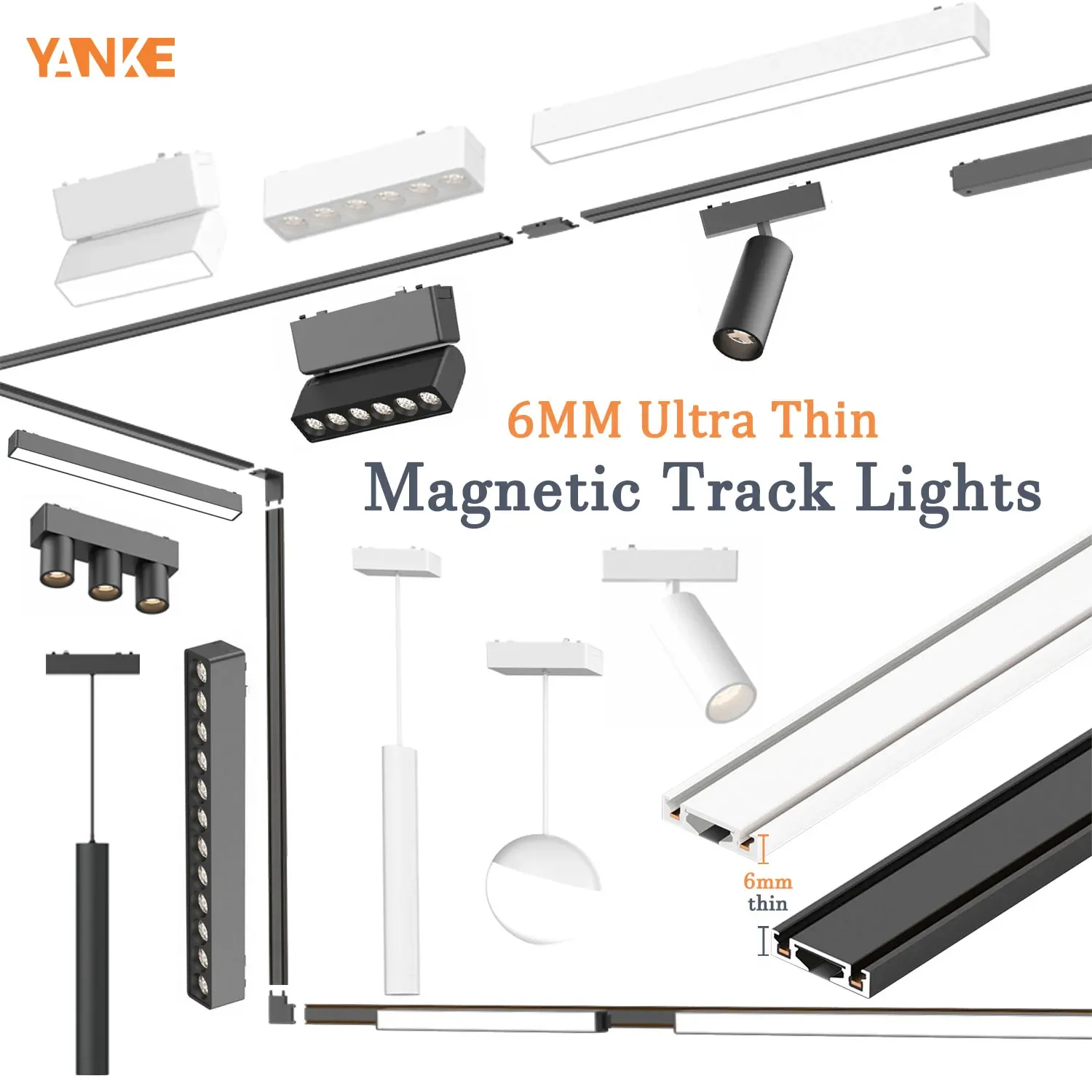 

6MM Magnetic Led Track Light Magnet Spot Ceiling Lighting Rail Surface Lamp System Black White 110V 220V to 48V for Home Room