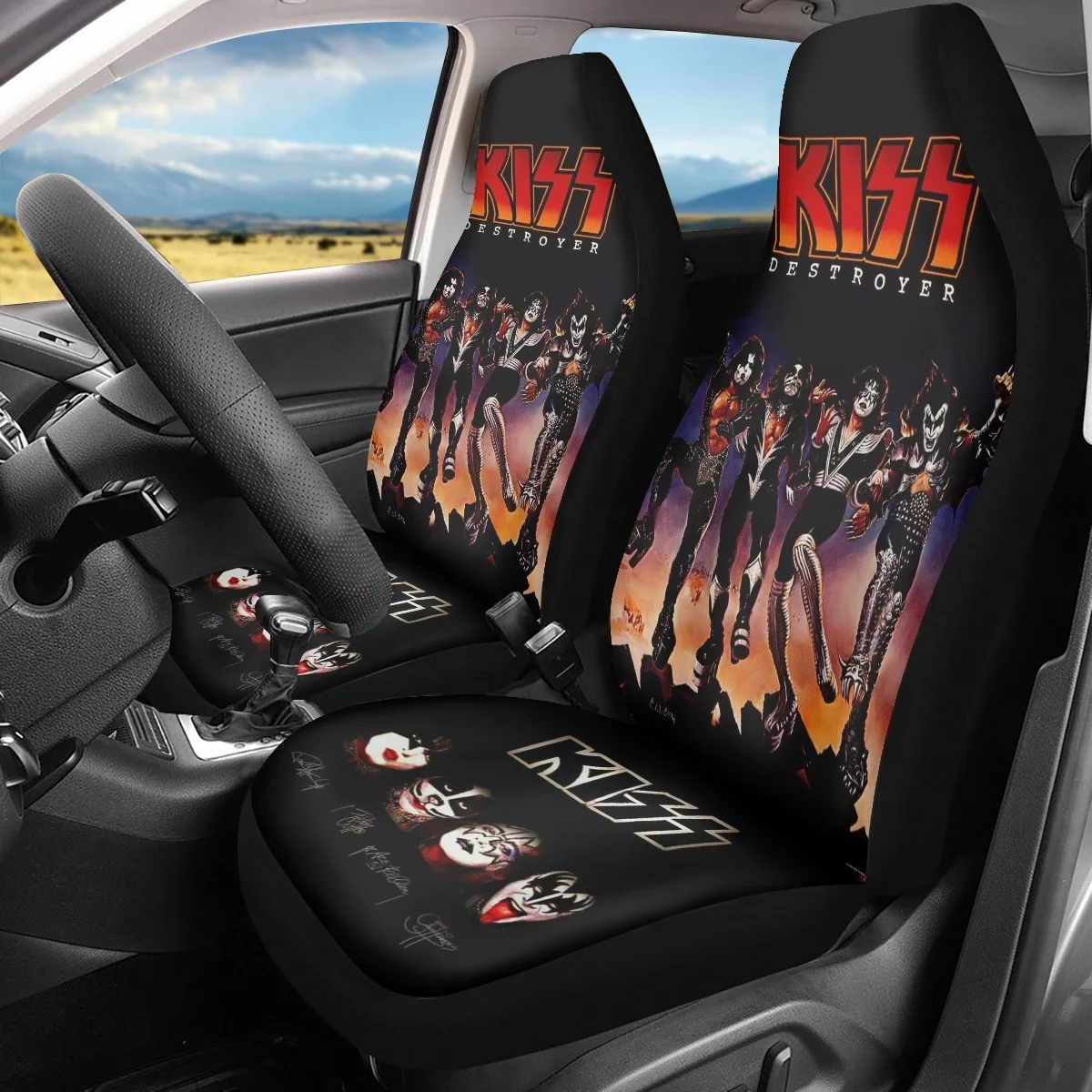 

Gothic Kiss Band Sedan Car Seat Covers Vehicle Front Seat Protection Cover Universal Car Interior Accessories for Truck SUV Van