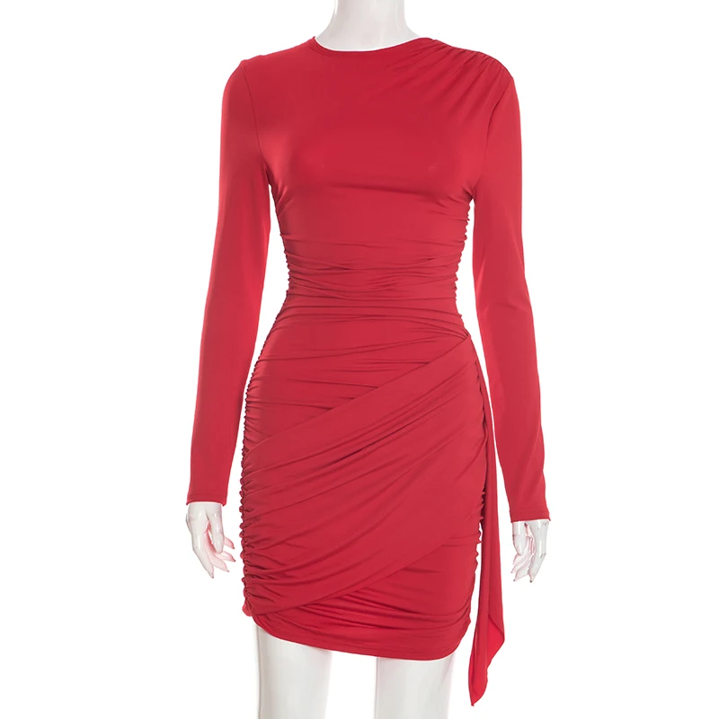 Einfarbiges, plissiertes Kleid mit langen Ärmeln, tailliertem Schnitt und schmaler Passform, kurzes Kleid mit elegantem Flair. – Detail 22