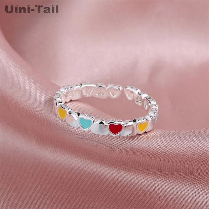 UiniTail Hot Sale New 925 Tibetan Silver Simple Color Heart shaped Open Ring Fashion Trend Delicate Temperament Sweet Ring JZ250