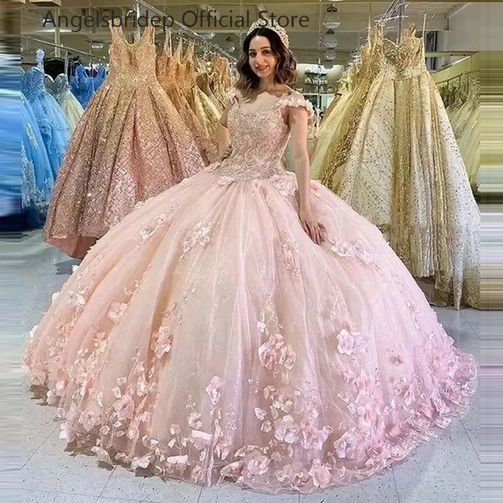 

ANGELSBRIDEP Tulle Ball Gown Quinceanera Dresses 2023 Off The Shoulder Pink Corset Vestido 15 Anos Festa Graduation Party Gowns