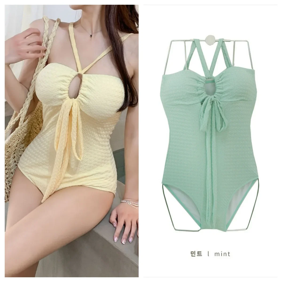 

Cross-Back One-Piece Swimsuit Women's Pure Color Sexy Tie-Detail Thermal Spring Korean Style Integrated Swimwear