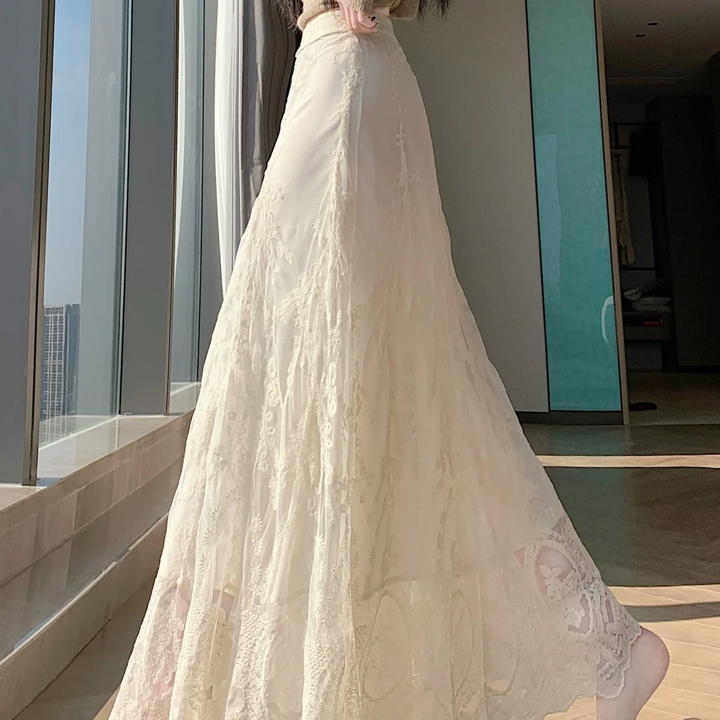 Women's Elegant Beige Lace Embroidery Maxi Skirt High Waist Flowy Chiffon Long Skirt For Wedding Party Retro Floral A-line Skirt