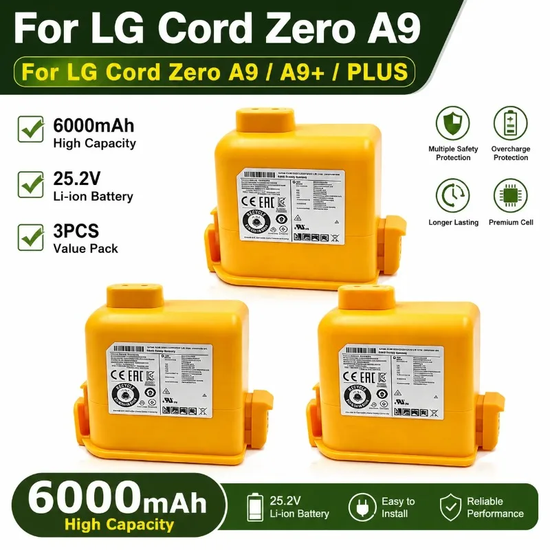 For LG Cord Zero A9 Vacuum Cleaner Battery 2PCS 4000mAh 25.2V Replacement Battery Pack