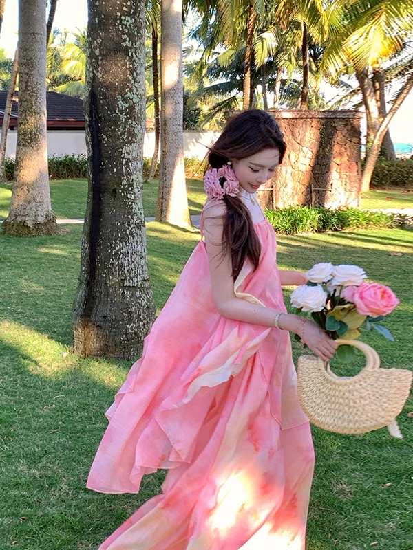 

Beach Photo Suitable Dr Casual Loose Waist V-Ne Svel Printed Skirt Beautiful Two-Piece Set Tourist Wear Summer Fas...