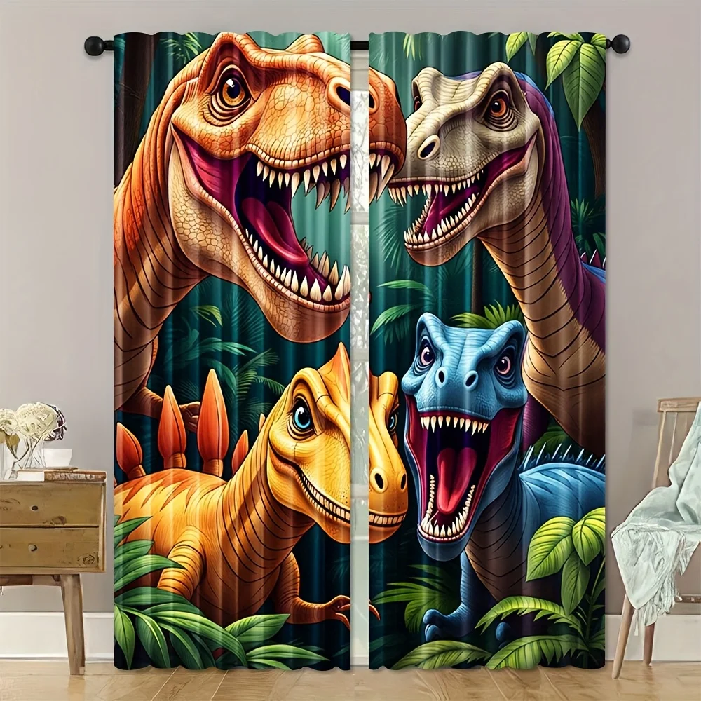 Prehistoric Dinosaur Curtain Cretaceous Jungle Window Drape T-Rex Raptor Kids Room Decor Ancient Animal Print Home TextileFabric