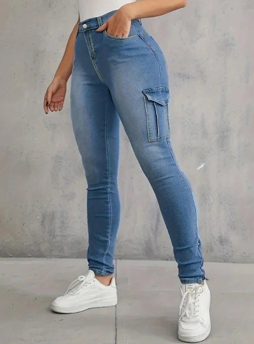 Calça apertada feminina de cintura alta, design de bolso, calça dupla com zíper lateral, roupa casual, nova moda, outono, Y2K, 2023