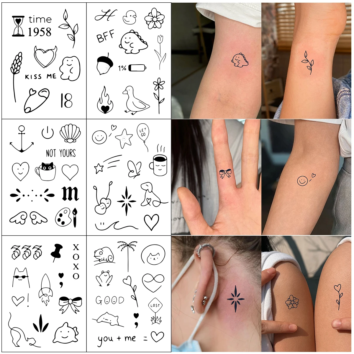 

6pcs Small Pattern Black Simple Lines Animal Waterproof Temporary Tattoo Stickers Finger Wrist Ankle Tattoo Body Art DIY Tattoo