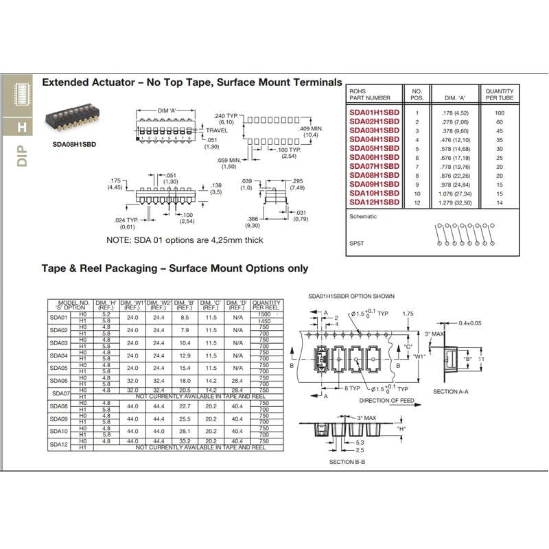 1pcs/lots 100% original U.S.A. SDA01H1SBD Dip switch 1 Position Piano-Key Flat Dial Coding SMD 2.54mm