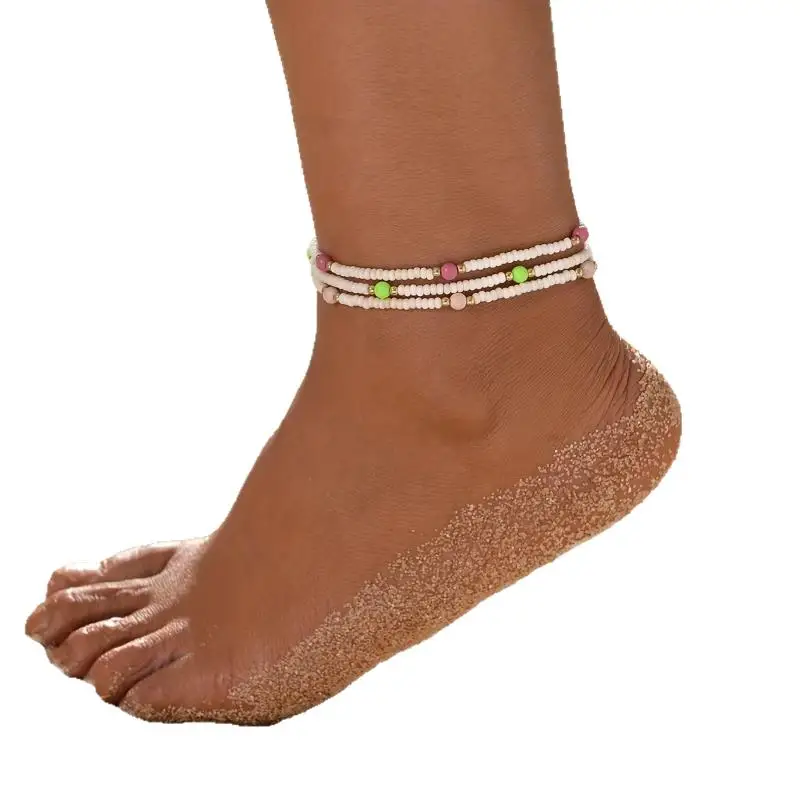 1 مجموعة مضيئة قوس قزح الاكريليك خلخال مجموعات للنساء الأرز الخرز سلسلة الكاحل سوار مطاطا حبل الشاطئ القدم اكسسوارات