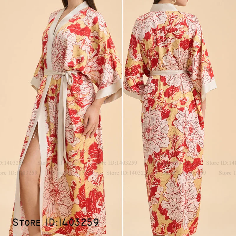 

Plus Size Women Long Robe Negligee Home Dress Sexy Print Flower Kimono Bathrobne Gown Loose Casual Nightgown Loungewear Pajama