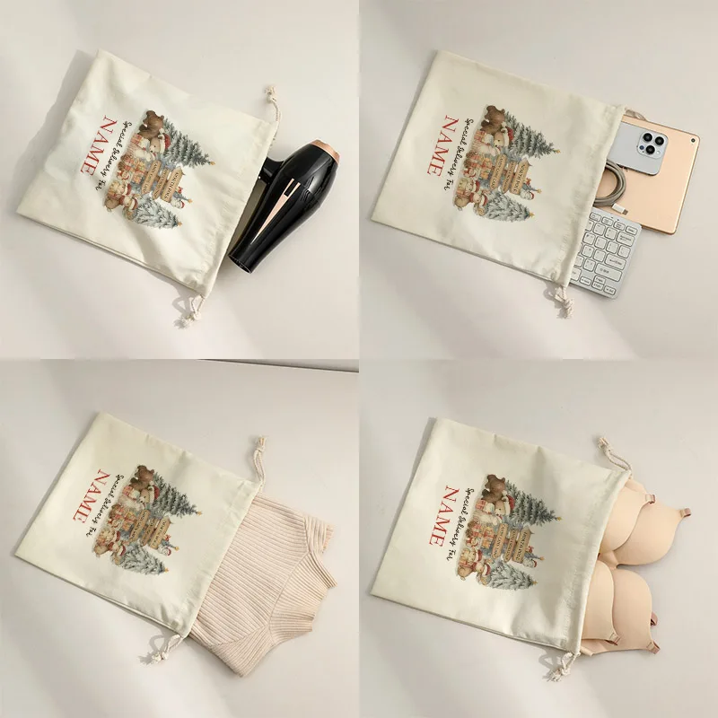Borsa con coulisse beige natalizia con orso personalizzato, regalo di Natale, elegante, alla moda, di fascia alta e di alta qualità per la madre e la sorella