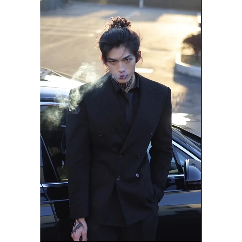 

Ele Bla Double-Breasted Men's Suit Casual Sli Spring Faion Busin Casual Long Sve Stand Fit Men's Jaet