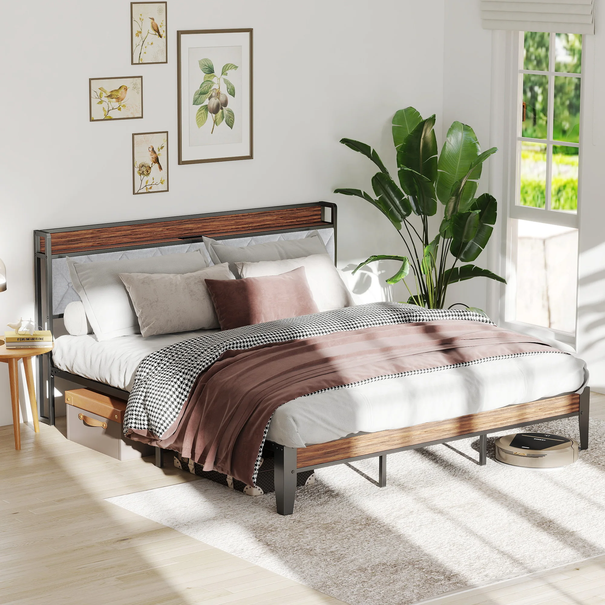 King Size Soft Pack Heavy Duty Metal Bed Frame with Headboard Charging Station 1100lbs Capacity Easy Assembly For Bedroom