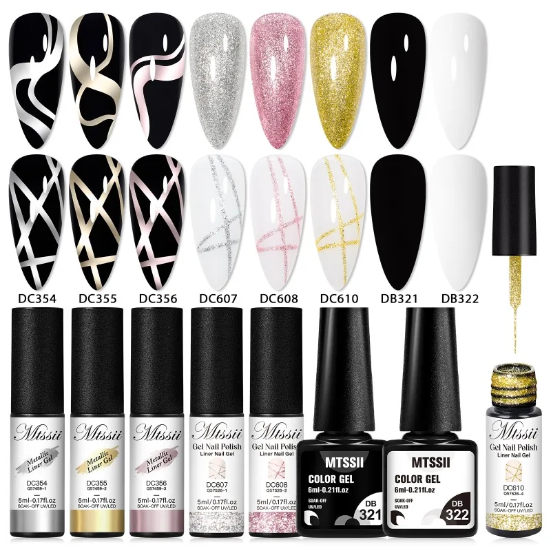 8pcs Reflective Glitter Liner Gel Nail Polish Set Golden Champagne Silvery Pink Red French Painting Drawing Nail Art UV Gel Set