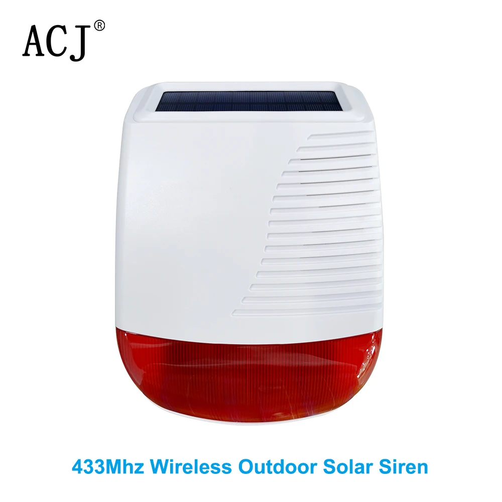 ACJ 433MHz Wireless Outdoor Solar Siren Waterproof Light Flash Strobe Alarm Horn for Home Security Burglar Alarm System