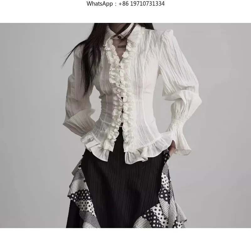 Women Gothic Punk Blouse Long Sleeve Slim Ruffles Y2K Streetwear Grunge White Spring Top
