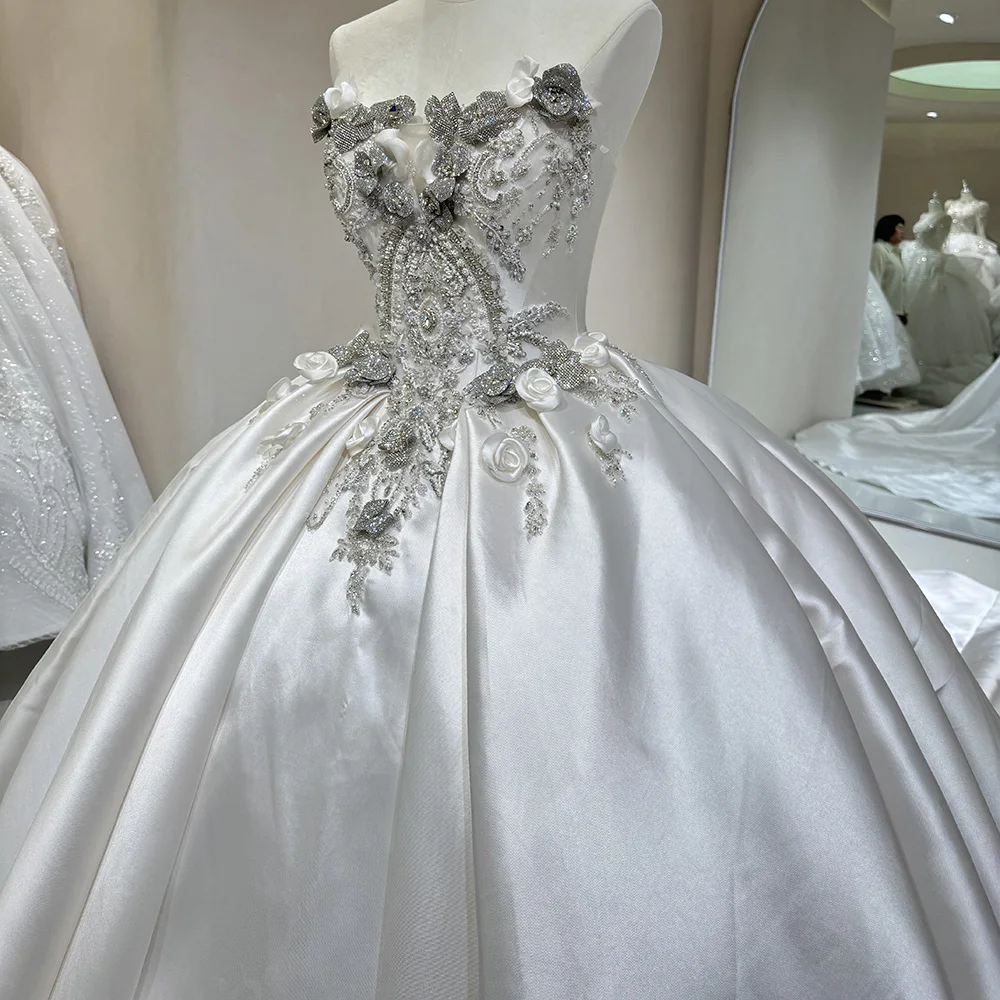 فستان زفاف فاخر من الساتان مع دانتيل مزين بحفلة الأميرة بدون أكمام بدون حمالات فستان عروس مخصص فيستدو دي نوفيا #5