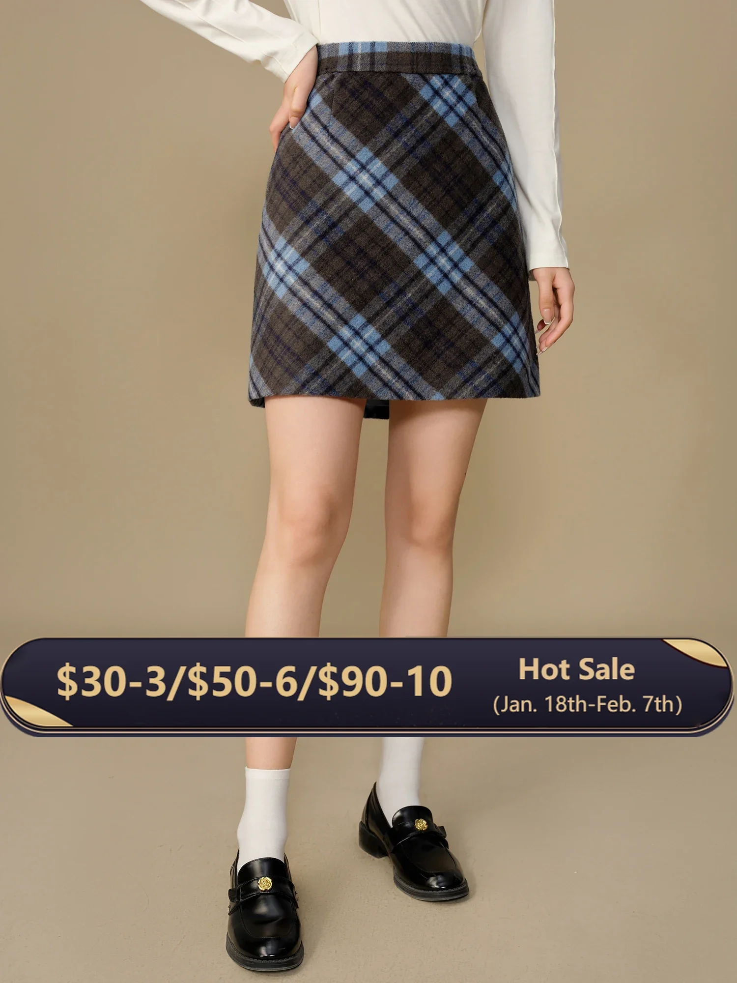 DUSHU Women Blue Plaid Mini Skirts Winter Thicken Above-Knee Length Retro Red Skirt High Waist Short Bottoms 24DS84476