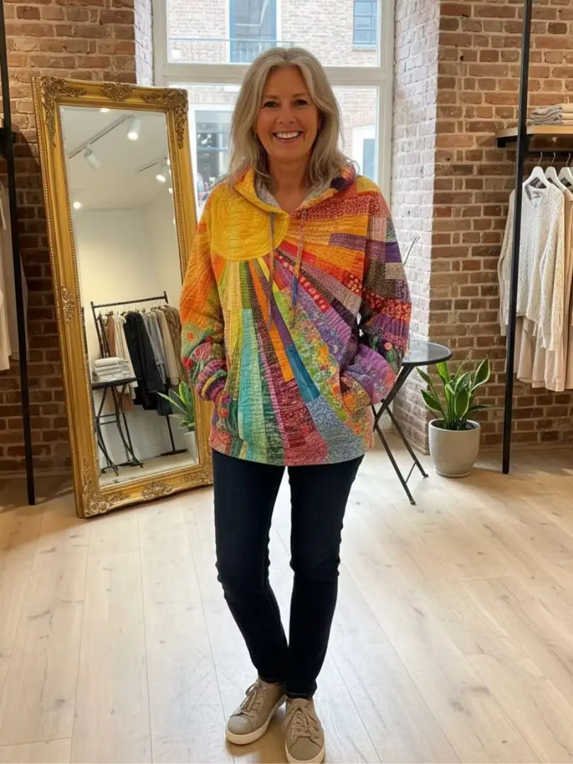 Women's hooded sweatshirt 3D printed with colorful sun pattern, women's pullover sweatshirt top, street neutral outerwear clothi