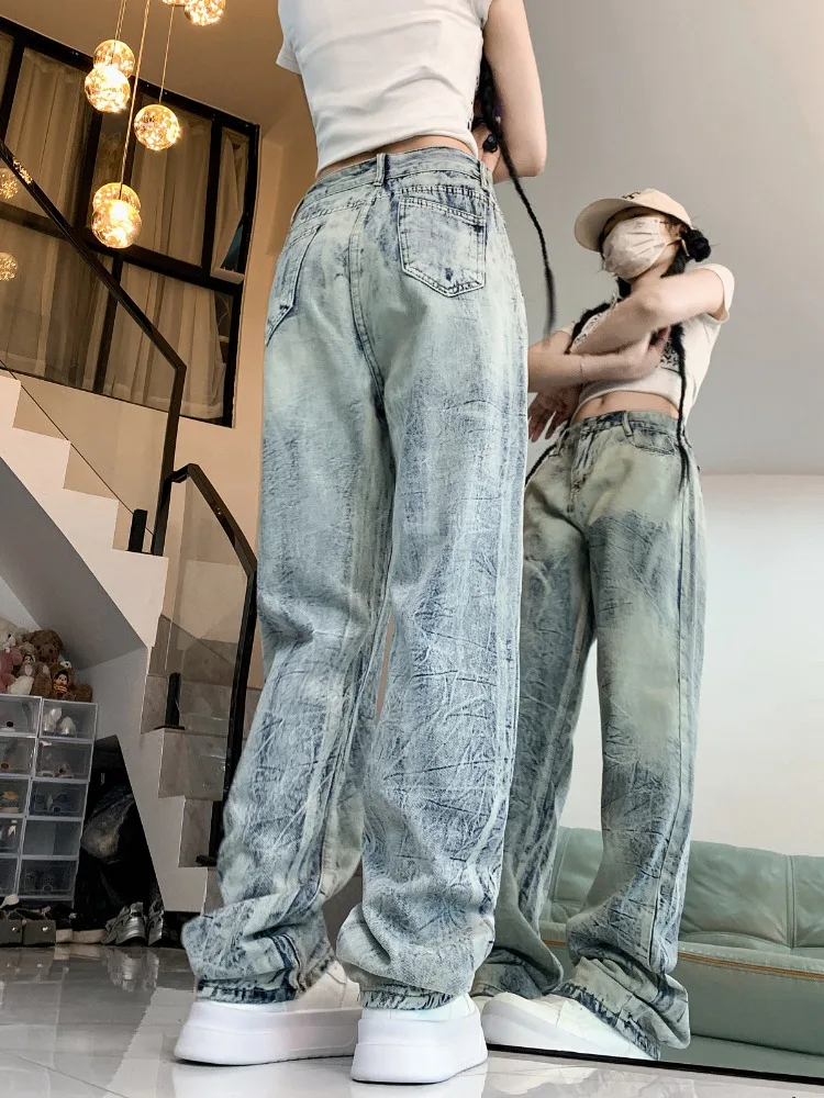 Ladies High Waisted Slouchy Tie-dye Baggy Jeans Women Clothing Girls Fashion Casual Denim Wide Leg Pants Female Clothes B2112