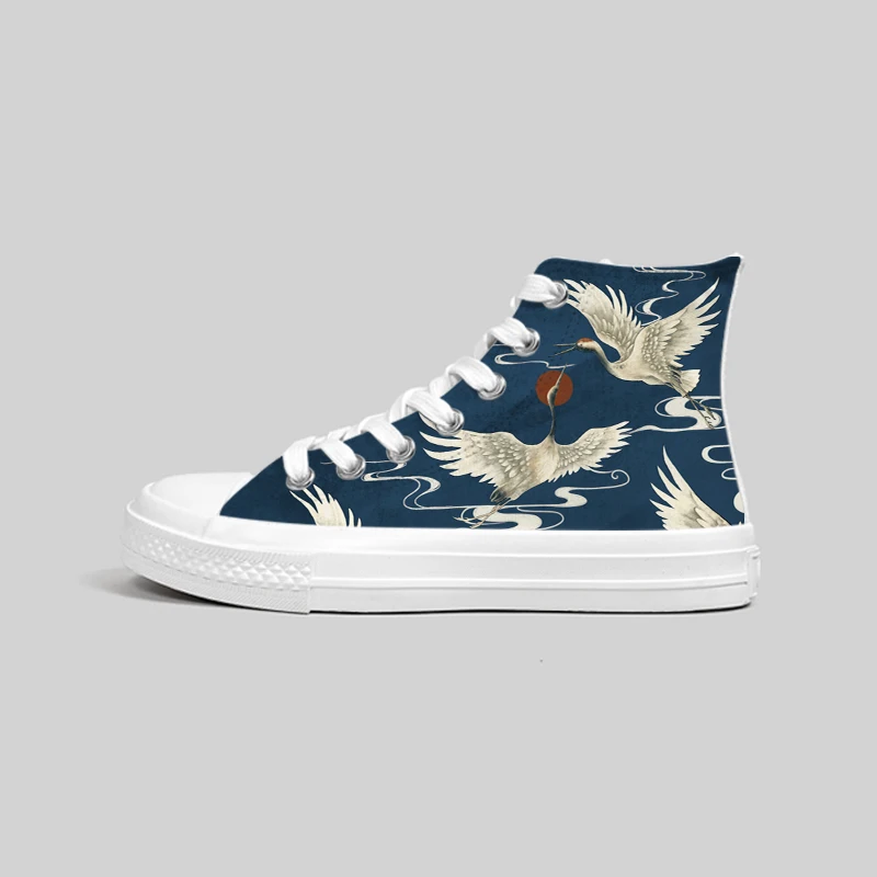 Amy and Michael Original Design Hand Painted Red Crowned Crane Women\'s Sneakers Fashion Tennis Female High Top Flat Canvas Shoes