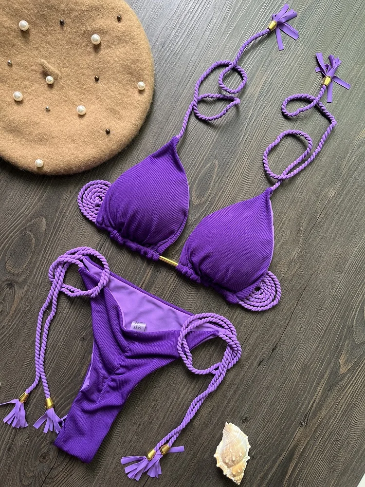 RUOTONGSEPT 2023 specjalna tkanina ręcznie tkana lina stroje kąpielowe kobiety brazylijskie Bikini zestaw seksowne stringi strój kąpielowy