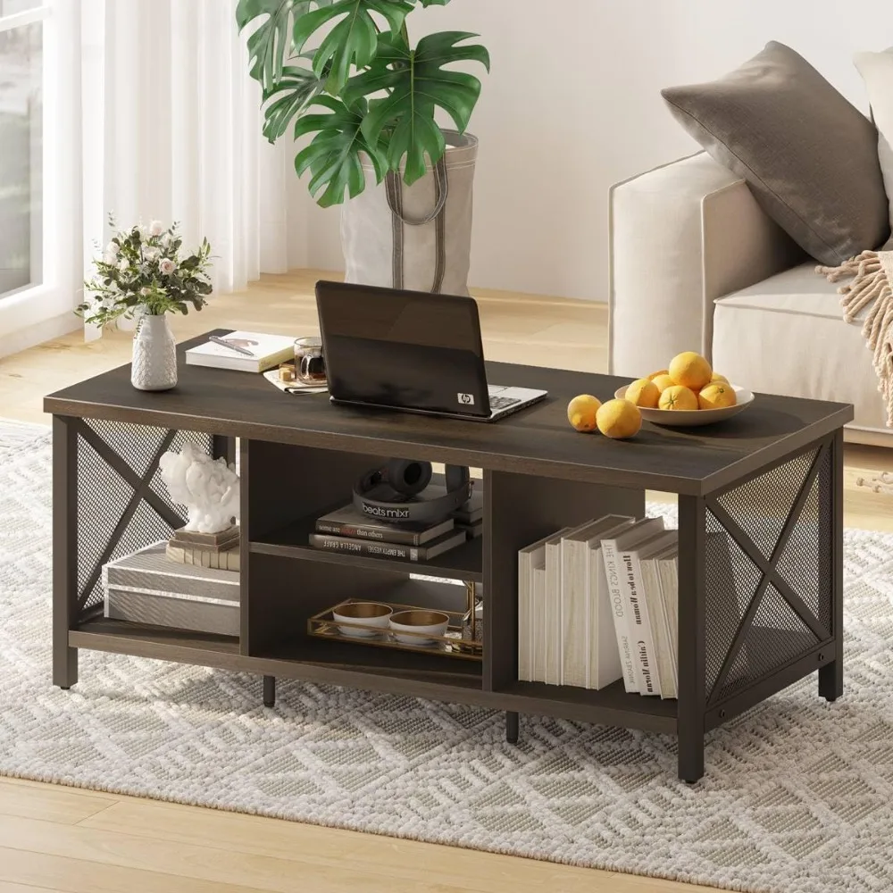 Rustic Farmhouse Coffee Table, Dark Wood Rectangular Center Table for Living Room, Industrial Style Walnut Cocktail Table