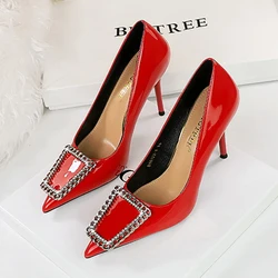 BIGTREE Patent Leather Women Pumps Design Metal Buckle Stilettos High Heels Pointed Toe Party Shoes Zapatos Mujer