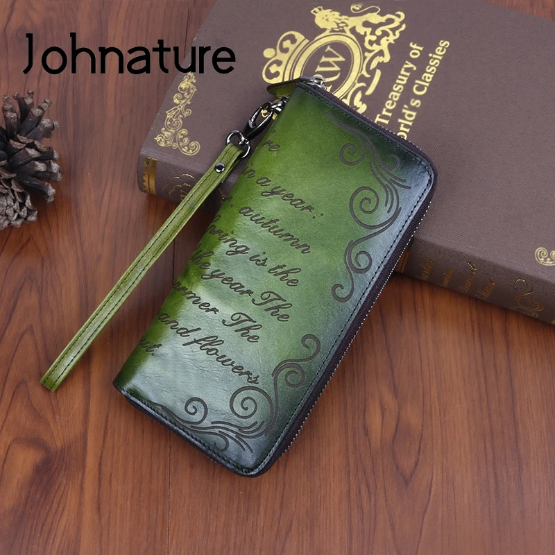 Johnature-billetera de lujo Retro hecha a mano para mujer, carteras y monederos de cuero genuino, monedero para teléfono de piel de vaca, novedad de 2024