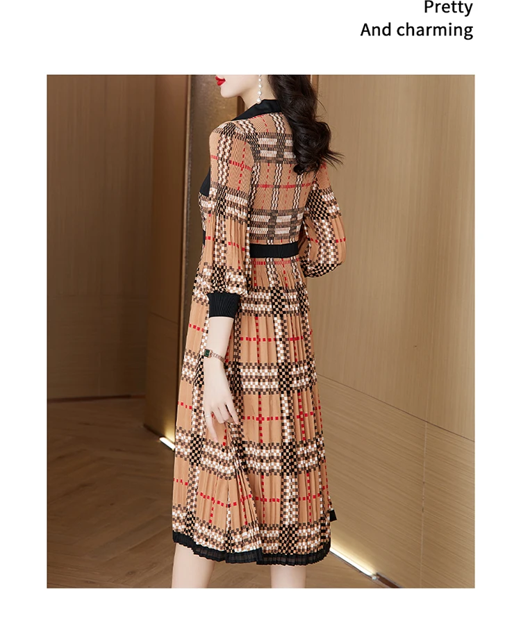 Sanzhai Pleated 2024 Spring and Autumn New Color Contrast Checker Printed Elastic Dress with Waist Wrap to Show Slim Long Skirt