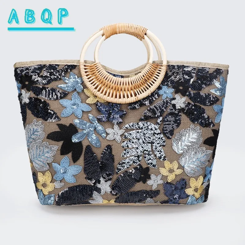 

Большая сумка, соломенная сумка с блестками, высококачественная нишевая женская сумка с вышивкой, модные тканые сумки на плечо большой вместимости