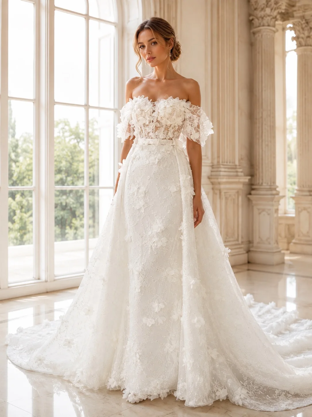 Custom Off Shoulder 3D Floral Lace Wedding Dress 2026 Detachable Train A Line Romantic Forest Style Bridal Gown