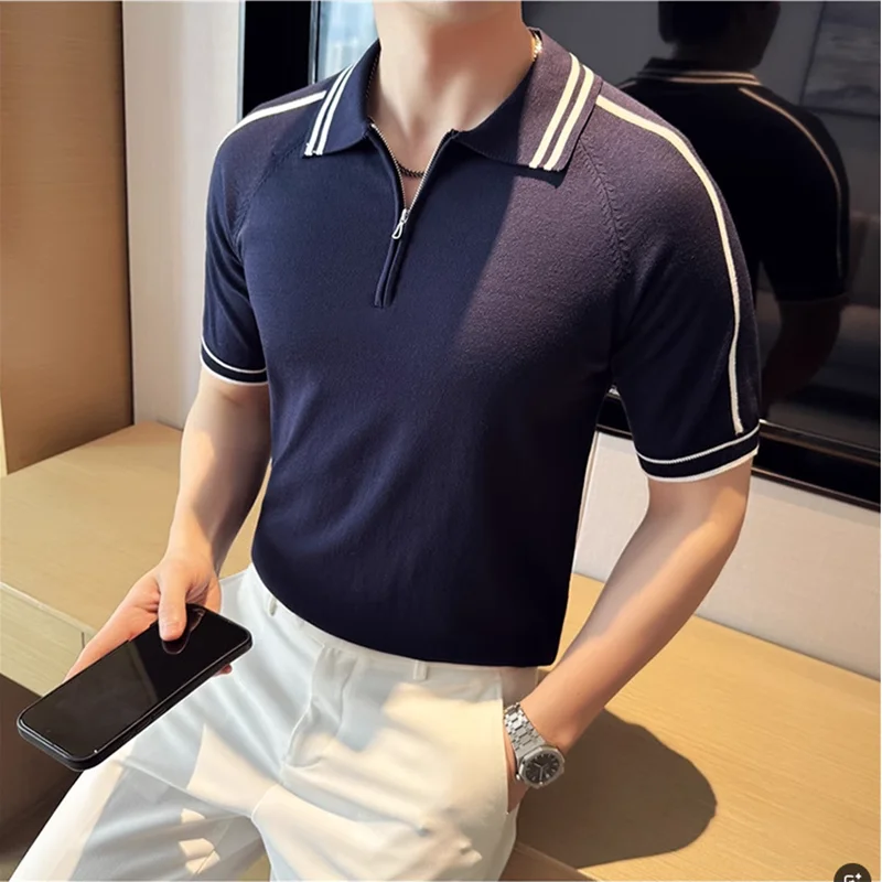 

Лето 2029, мужская полосатая трикотажная рубашка-поло из ледяного шелка, высококачественная повседневная дышащая футболка с короткими рукавами 4XL-M