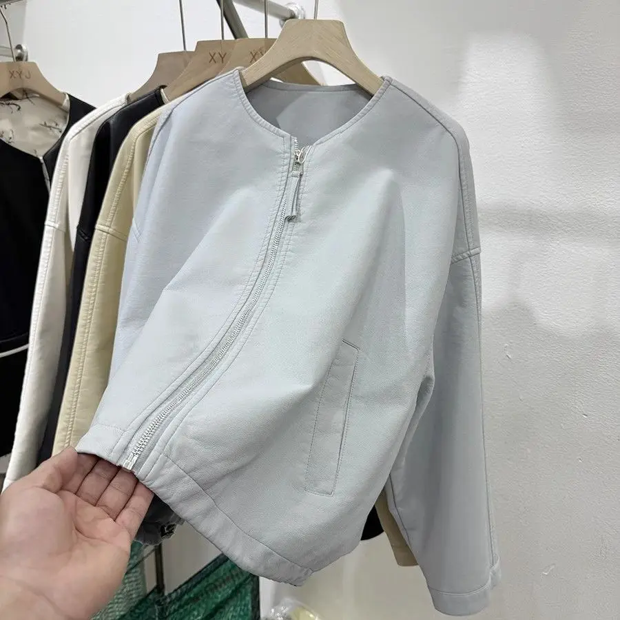 المرأة أزياء الربيع/الخريف سترة بولي يوريثان الرجعية جولة الرقبة طويلة الأكمام مطاطا هيم سستة سترة جلدية وهمية الإناث