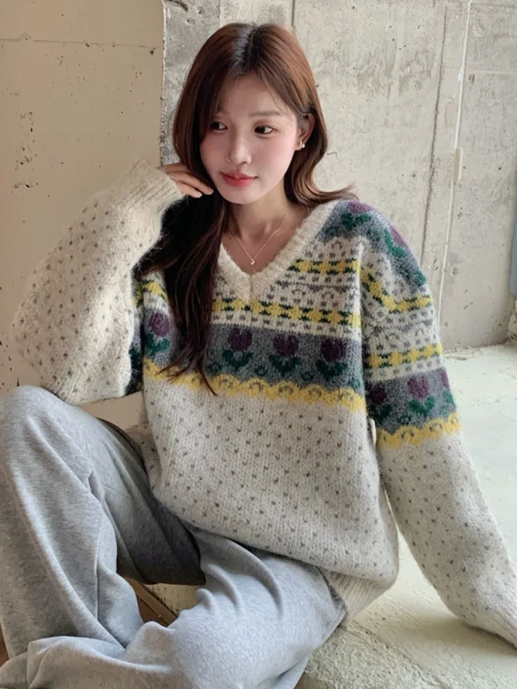 

Retro V-Ne Color Blo Knitwear Soft Cozy Women's Loose Fit Winter New Sle Versatile Knitted Top for Various Ocns