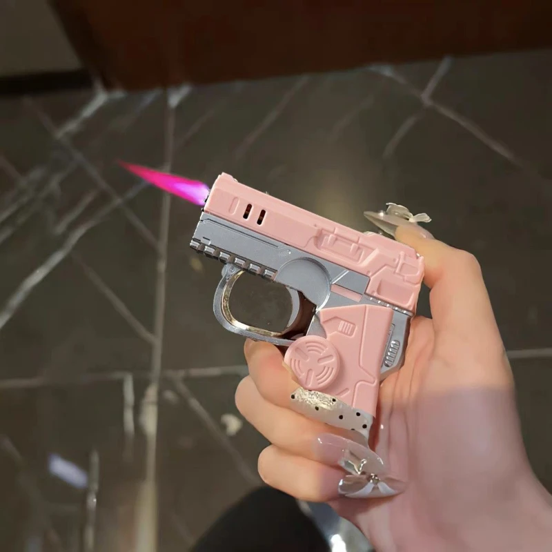 New Deformable Gun Gyro Inflatable Butane Lighter Windproof Portable Pink Flame Lighter Cigarette Accessories Gift for Men Women