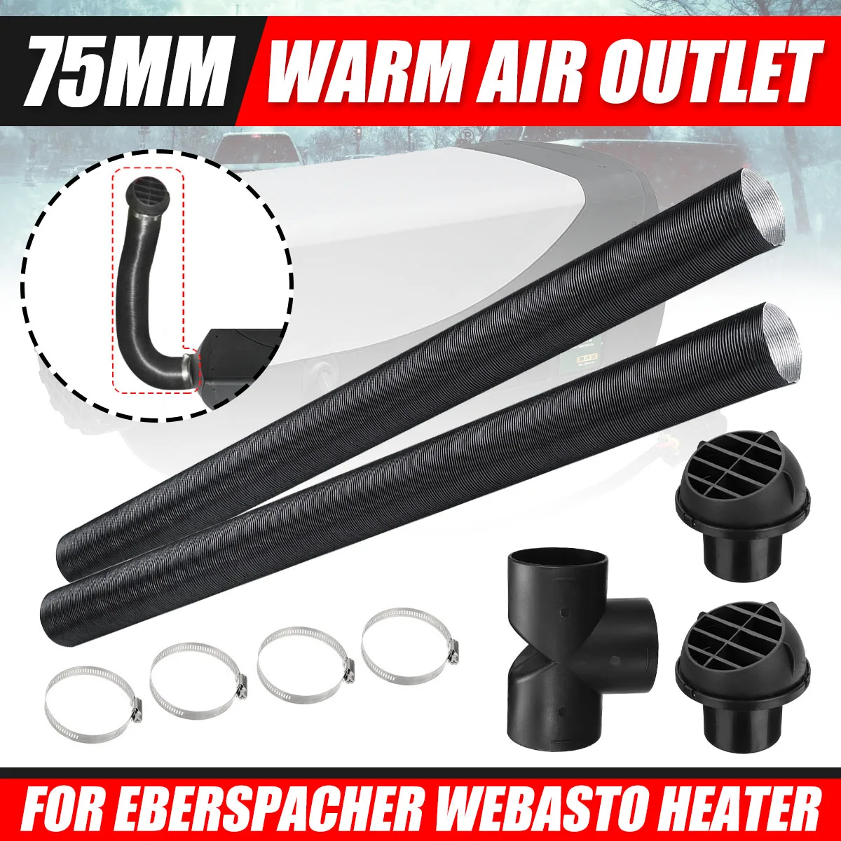 75mm Heater Ducting Pipe+Air Vent Outlet+T Piece Exhaust Connector w/Hose Clips For Truck Van Air Diesel Parking Heaters