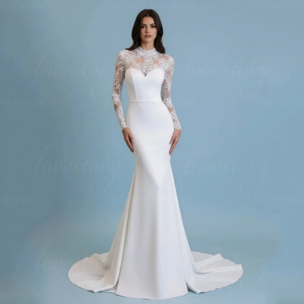 Wedding Dresses Customized Elegant Lace Long Sleeves Bridal Dress Classic Mermaid Button Gowns Illusion Vestido De Novia