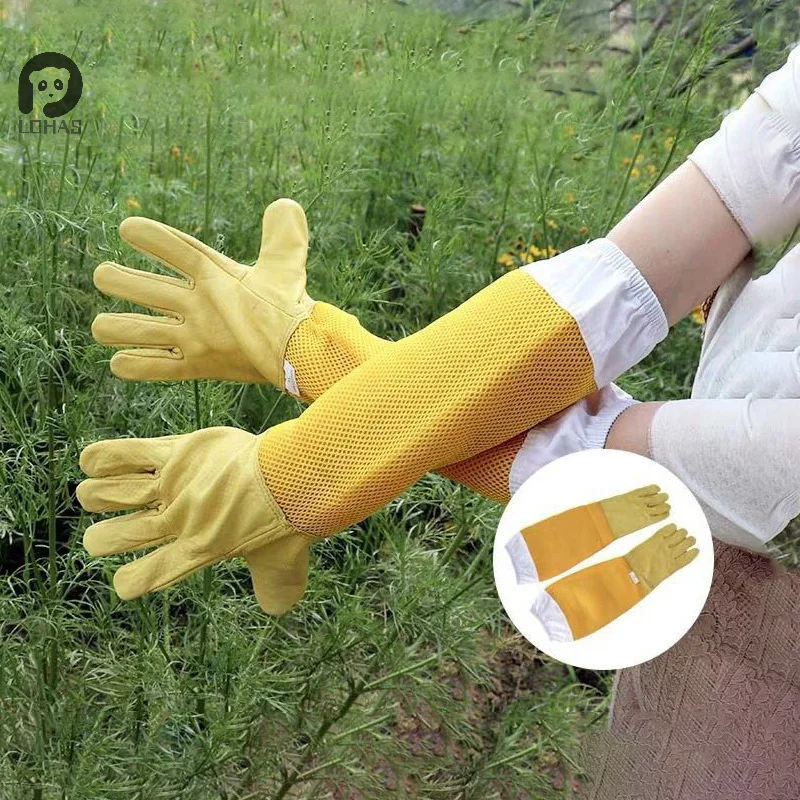 Beekeeping Protective Gloves, Beekeeper Sleeves Breathable Anti Bee Cloth, Apiculture Sheepskin Long Yellow Mesh Gloves 1Pair