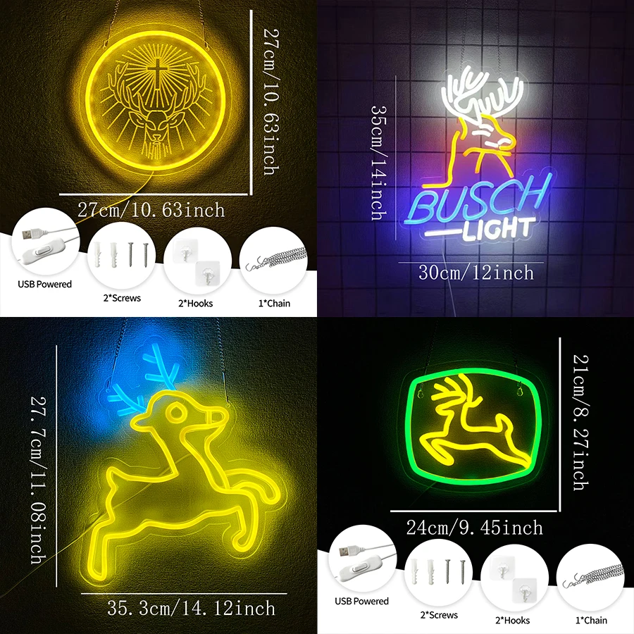 Deer LED Neon Lights Sign for Wall Mount Decor, USB Powered Sign For Bar, Man Cave, Bedroom, Game Room, Garage,Easy to Install.