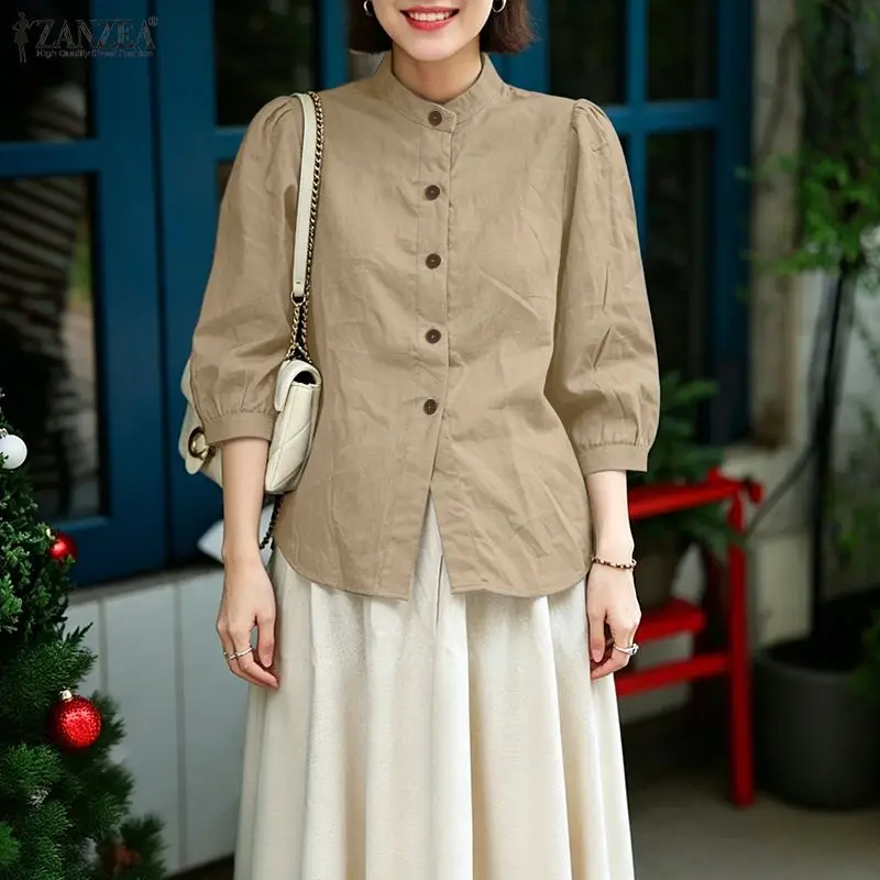 

ZANZEA Women's Summer Cotton Shirts Minimalist Stand Collar 3/4 Puff Sleeve Button Up Tops Casual Loose Breathable Chemise Femme