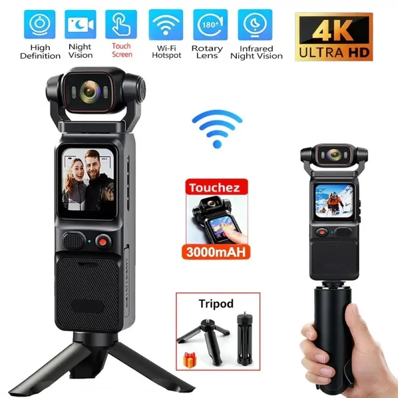 4K Pocket Action Camera Touch Screen WIFI Outdoor DV 180° Rotatable  Anti-shake Bodycam Portable Small Video Recorder Vlog Cam