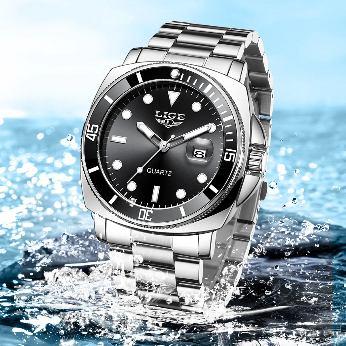 LIGE Fashion Luxury Mens Watch Business Calendar Quartz Watches Luminous Waterproof Stainless Steel Man Watch Casual Male Clock