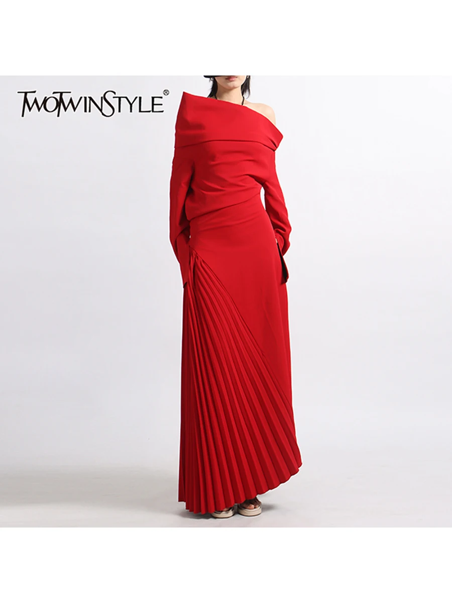 

TWOTWINSTYLE Solid Slimming Dresses For Women Diagonal Neck Long Sleeves High Waist Patchwork Folds Dress Female Fashion Clothes